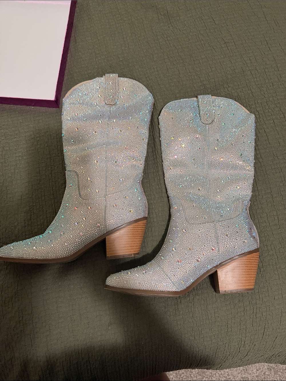 Rhinestone Embellished Gray Western Lace-Up Boots - Women